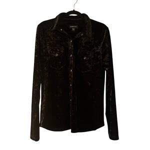 Fifteen Twenty Black Velveteen Snap Front Shirt Blouse L Pockets Long Line Goth